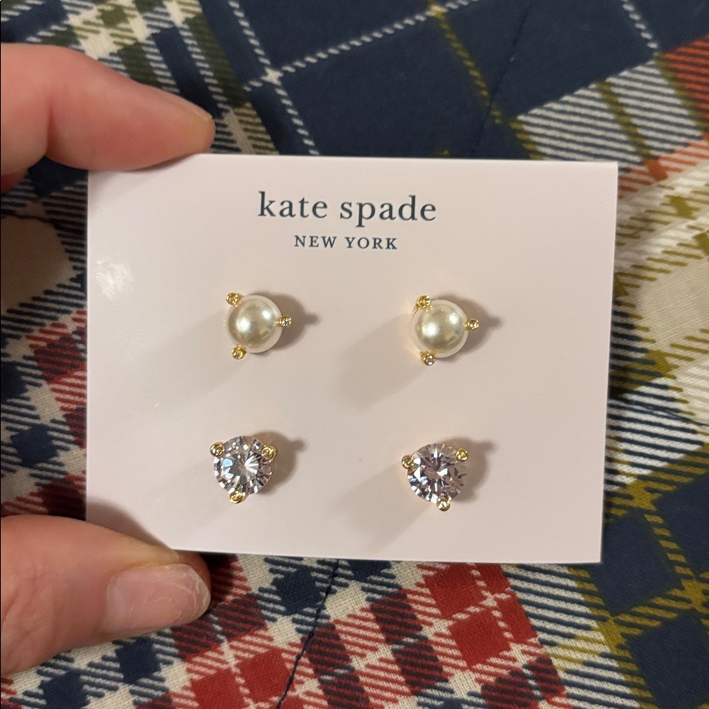 kate spade Gold-Tone Pearl & Crystal Stud Earring Set with Pink Pouch - Picture 2 of 3